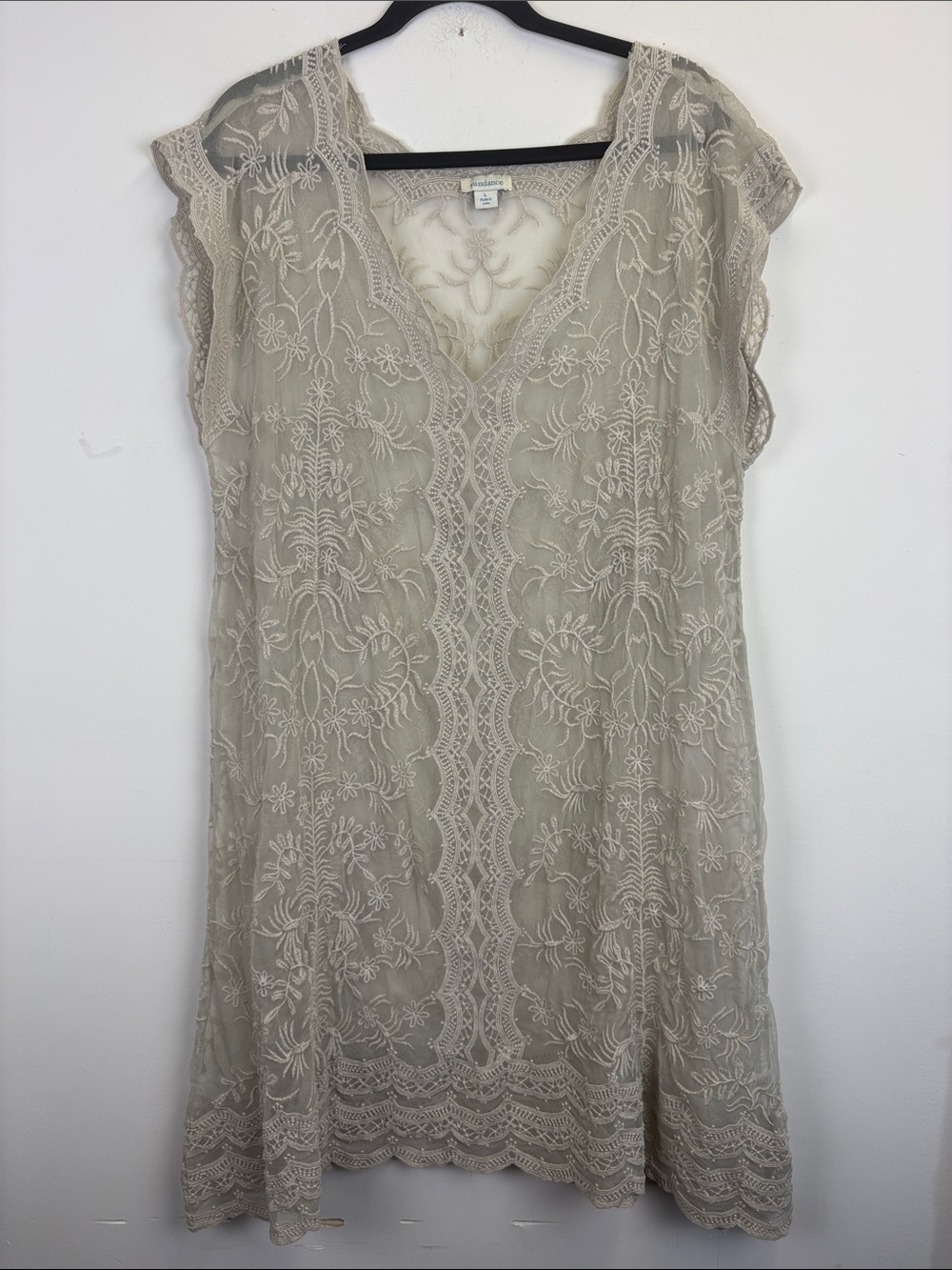 Sundance Embroidered Lace Cover Up Dress Sheer Boho Romantic Neutral Sz Large